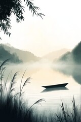 Poster - A tranquil misty lake scene captures a solitary boat amidst soft fog and lush greenery, evoking a serene atmosphere perfect for relaxation and reflection.