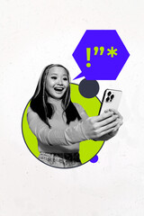 Aufkleber - Trend artwork composite banner 3D photo collage of blogger young woman smile video call hand hold smartphone talk chatting app message