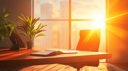 Poster - Desk with a chair and a potted plant in front of a window. The sunlight is shining through the window, illuminating the room. The desk has a book and a laptop on it