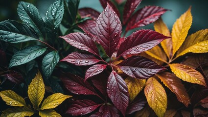 Wall Mural - A close-up photograph of vibrant leaves in ranging from deep green to rich burgundy red and bright yellow. Colorful autumn fall season wallpaper design.