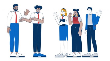 Poster - Diverse team greeting new employee doodle cartoon animation. Manager introducing. Office colleagues welcoming newbie animated 2D characters isolated on white background. 4K video motion graphic
