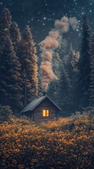 Poster - A cozy cabin nestled in a vibrant flower field, surrounded by tall trees under a starry night sky, evokes feelings of tranquility and serene escape.