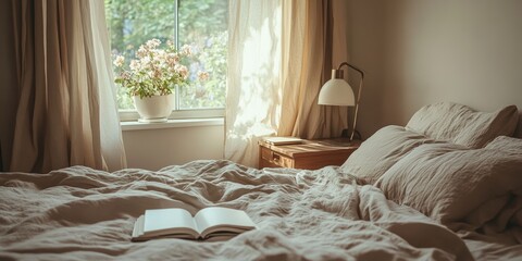 Poster - Bed with a book on it and a lamp on a nightstand. The bed is unmade and the curtains are open, letting in sunlight. The room has a cozy and inviting atmosphere