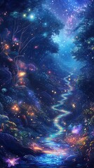 Poster - Discover a mystical night forest featuring a glowing stream, vibrant foliage, and a starry sky. This enchanting scene captures the beauty of nature and imagination.