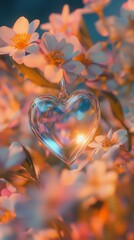 Poster - Heart-shaped pendant is hanging from a branch of a tree. The pendant is made of clear glass and is surrounded by a beautiful bouquet of flowers