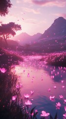 Poster - A serene landscape showcases a tranquil river surrounded by pink flowers at dusk, with mountains in the background and soft, colorful light creating a picturesque scene.