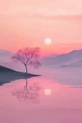 Poster - A serene sunset casts pink and purple hues over the water, featuring the silhouette of a bare tree. This tranquil scene evokes calmness and natural beauty.