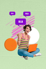 Fototapete - Banner poster collage of young people use netbook point finger green background speech bubble