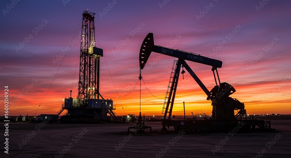 Oil drilling machine or equipment on land under dramatic dusk sky Stock ...