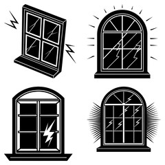 Poster - Four windows with cracks and radiating lines in black and white vector illustration style art