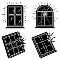 Poster - Four black and white window illustrations with cracks and radiating lines in varying styles and angles
