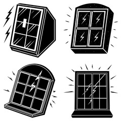 Poster - Illustration of four stylized windows with lightning strikes in black and white design elements