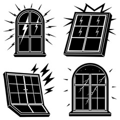 Poster - Four windows with lightning bolts and cracks in black and white vector illustration design set art