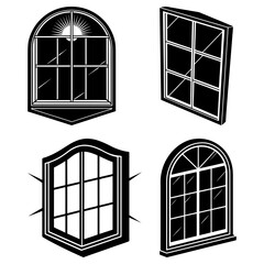 Poster - Illustration of four different window designs with various shapes and grid patterns in black and white style
