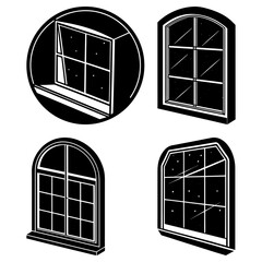 Poster - Illustration of four windows with different styles and shapes in black and white vector format drawing style
