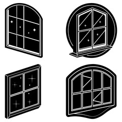 Poster - Illustration of four different window styles in black and white with star like reflections in the glass