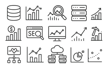 Fototapete - Collection of line icons representing data analysis, statistics, and SEO metrics on a digital interface