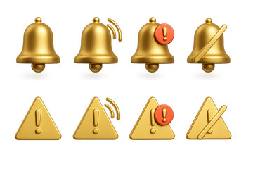 Poster - 3d gold alert icons: bell and triangle variations for notifications and warnings