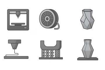 Poster - Isometric 3d printing icons: tools, filament, and printed models
