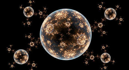 Poster - An abstract fractal design features a central sphere surrounded by smaller fractal patterns against a black background