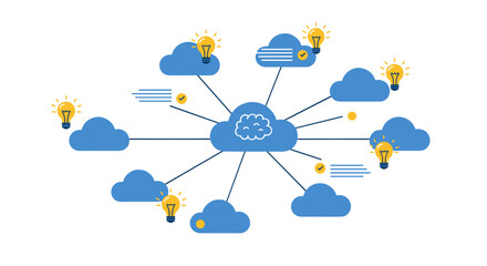Poster - Cloud networking concept with light bulbs and technology icons
