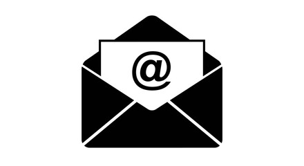 Poster - Black silhouette of email icon with at symbol in open envelope