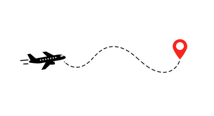 Poster - Airplane journey with dotted path and destination pin icon
