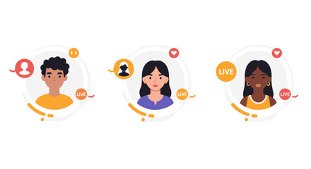 Poster - Live streaming avatars set with diverse faces and social media icons