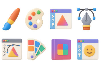 Poster - Creative design tools in 3d icons with art palette, paintbrush, and color palette