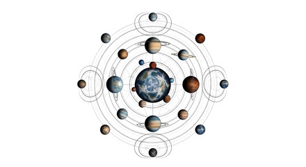Poster - A diagram depicts the solar system with planets orbiting the earth in a circular pattern
