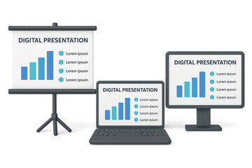 Poster - Digital presentation setup with charts on screen projector and laptop