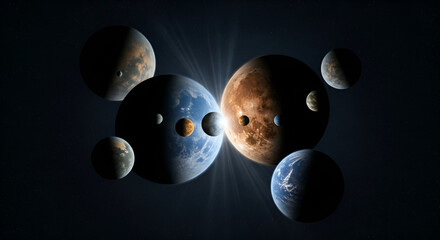 Poster - A captivating digital artwork showcases multiple planets and moons arranged in a visually stunning cosmic composition against a dark space background