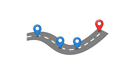 Poster - Curved road with blue and red location markers on simple white backgro