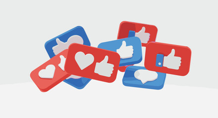 Poster - Floating 3d social media icons with thumbs up and heart symbols