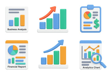 Poster - Business growth and analytics symbols with 3d graphs and reports
