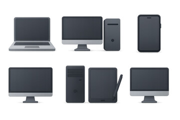 Poster - Modern tech devices collection: laptops, desktops, and smartphones in flat design
