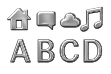 Poster - Metallic icon set featuring house, speech bubble, cloud, music note, and alphabet letters