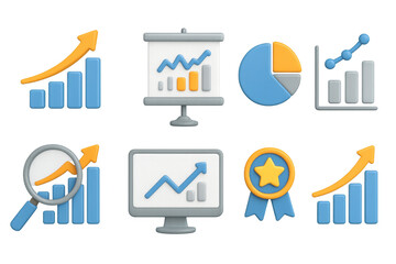 Poster - 3d business growth icons featuring graphs and charts in blue and orange