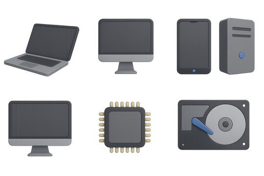3d electronic devices: laptop, monitor, smartphone, server, cpu, hard drive icons
