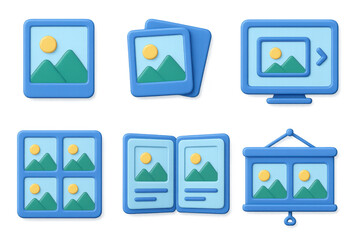 Poster - 3d icon set of photo gallery and presentation formats in blue and green