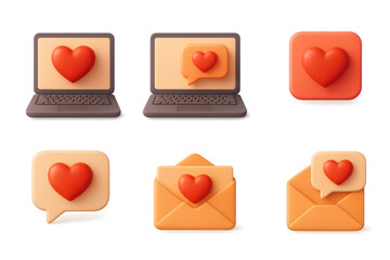 Poster - 3d icons of heart messages on laptops and envelopes for digital communication themes