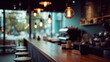 © tong2530 - Cafe scene with bar counter and hanging lights blurred in background, retro-style color palette, calm and welcoming mood for branding use