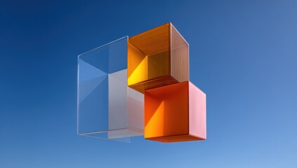 Poster - Interlocking translucent cubes against a vibrant blue sky.