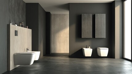 Poster - Modern bathroom with wall-mounted toilets and dark cabinetry.