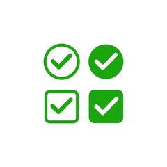 Poster - Four variations of a green check mark symbol in different shapes and styles suggesting confirmation