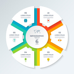 Wall Mural - Infographic circle divided into 6 steps. Vector cycle diagram with 6 parts, options. Round chart that can be used for report, business analytics, data visualization, presentation, educational content.
