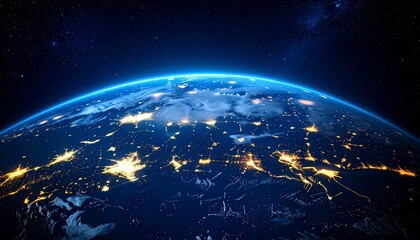 earth viewed from orbit at night, glowing city lights outlining continents, dark ocea