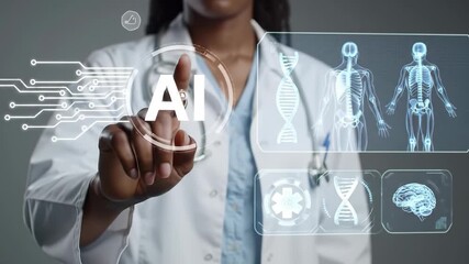 Poster - Doctor Interacting with Artificial Intelligence Futuristic Medical Technology Digital DNA Skeleton Brain Scan Innovation Healthcare Science and Human Anatomy, Advancing Healthcare with Digital