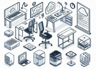 Poster - A set of isometric outline vector icons of smart office elements