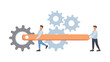 © Aswad_vector - Two men carrying orange bar connecting to large gray gear with smaller gears in the background